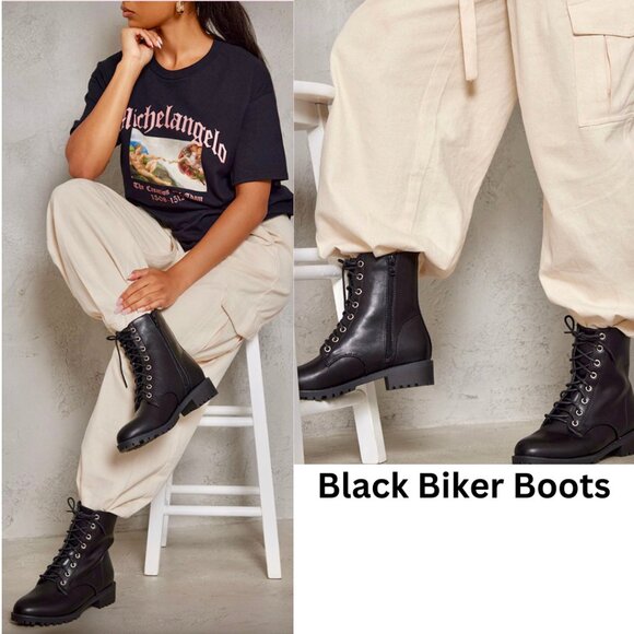 PrettyLittleThing Shoes - Black Lace Up Combat /Biker Boots size 8